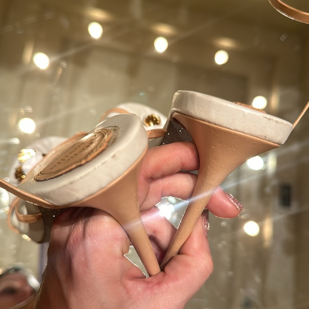 Rene Caovilla Karung Rose Gold Flower Ankle Wrap Heels - Picture 6 of 11